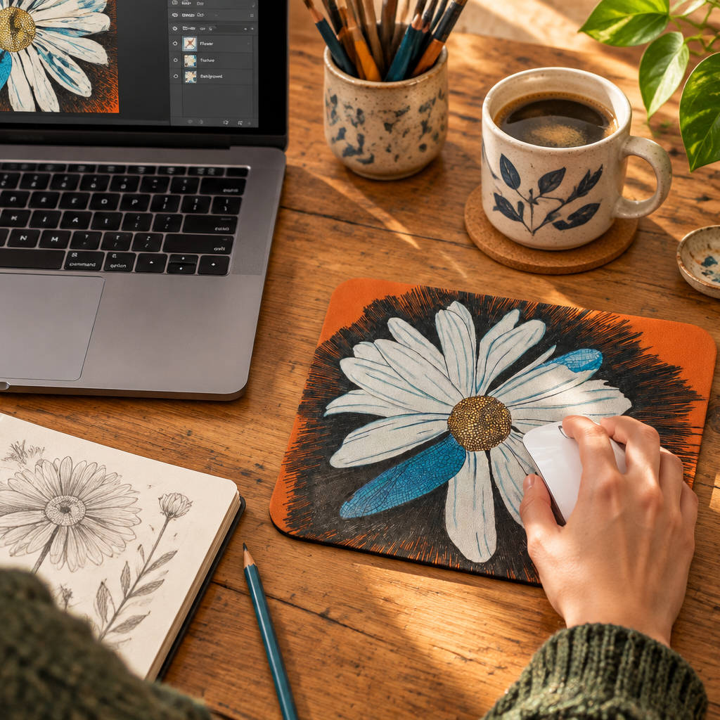 A rectangular desk mat with rounded corners featuring a stylized daisy illustration, placed on a white desk next to a laptop, plant leaves, and a notebook.