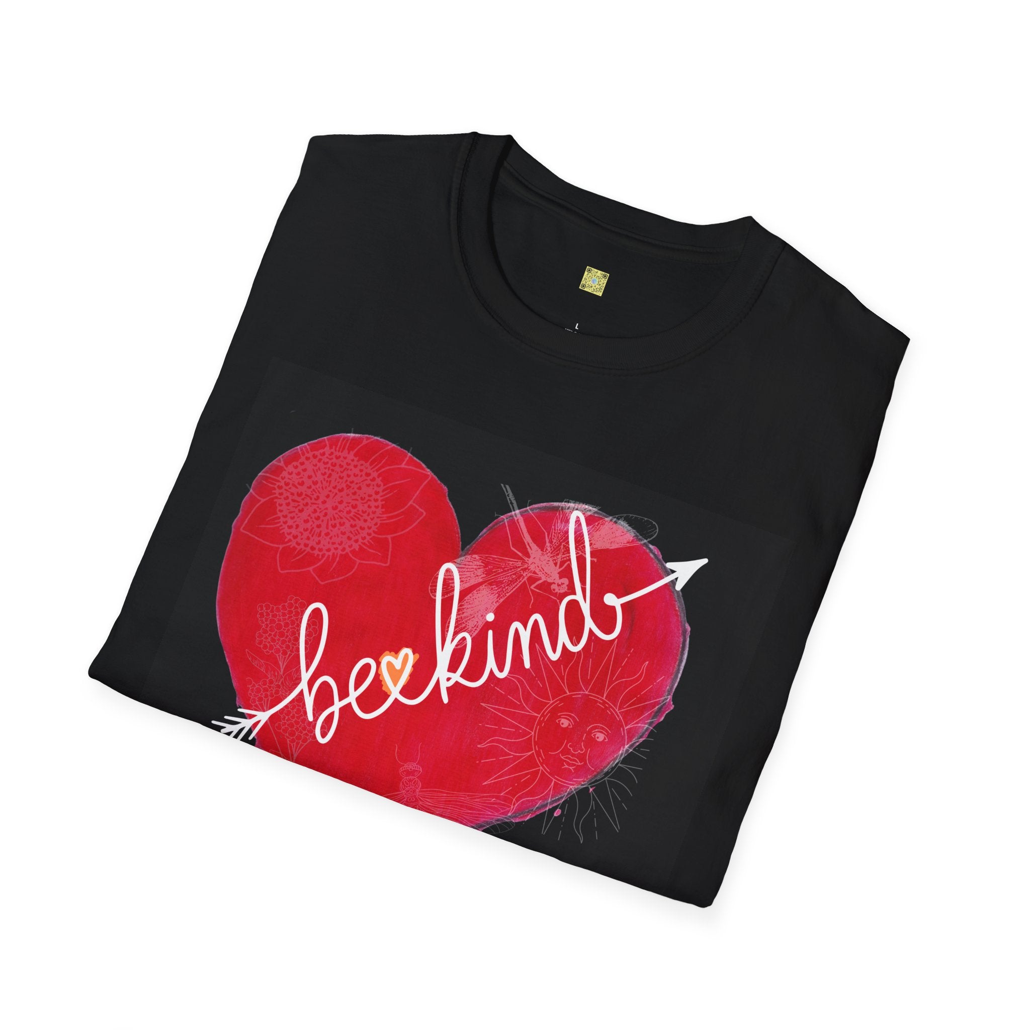Black t-shirt with a red heart and 'be kind' text on a white background