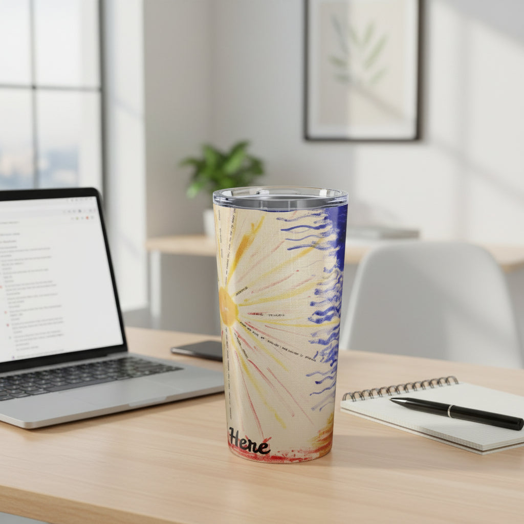 Tumbler with colorful abstract design on an office desk.