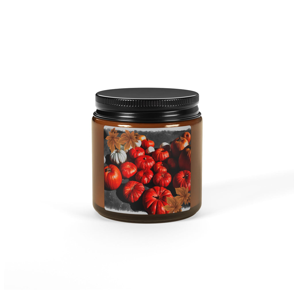 Candle jar with a decorative label featuring pumpkins and leaves on a white background
