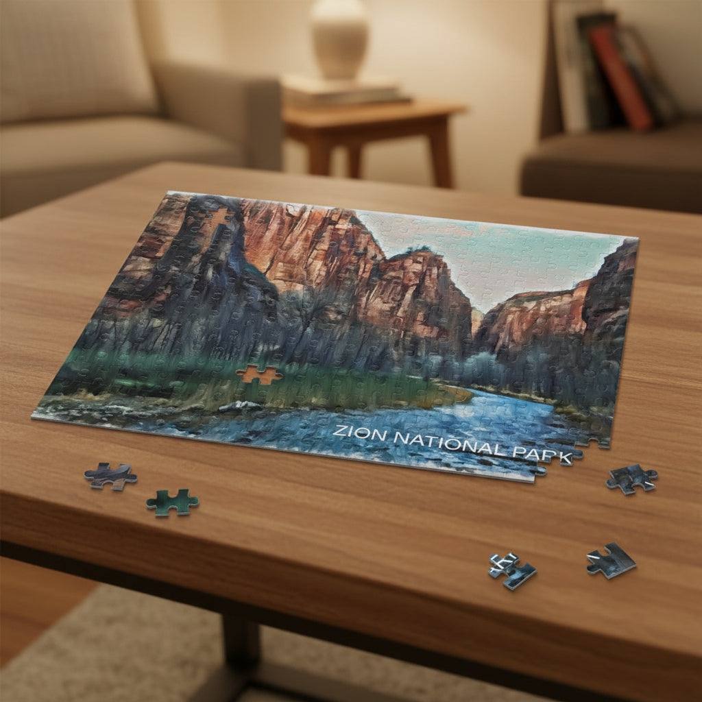 Jigsaw puzzle of Zion National Park with completed pieces on a living room coffee table
