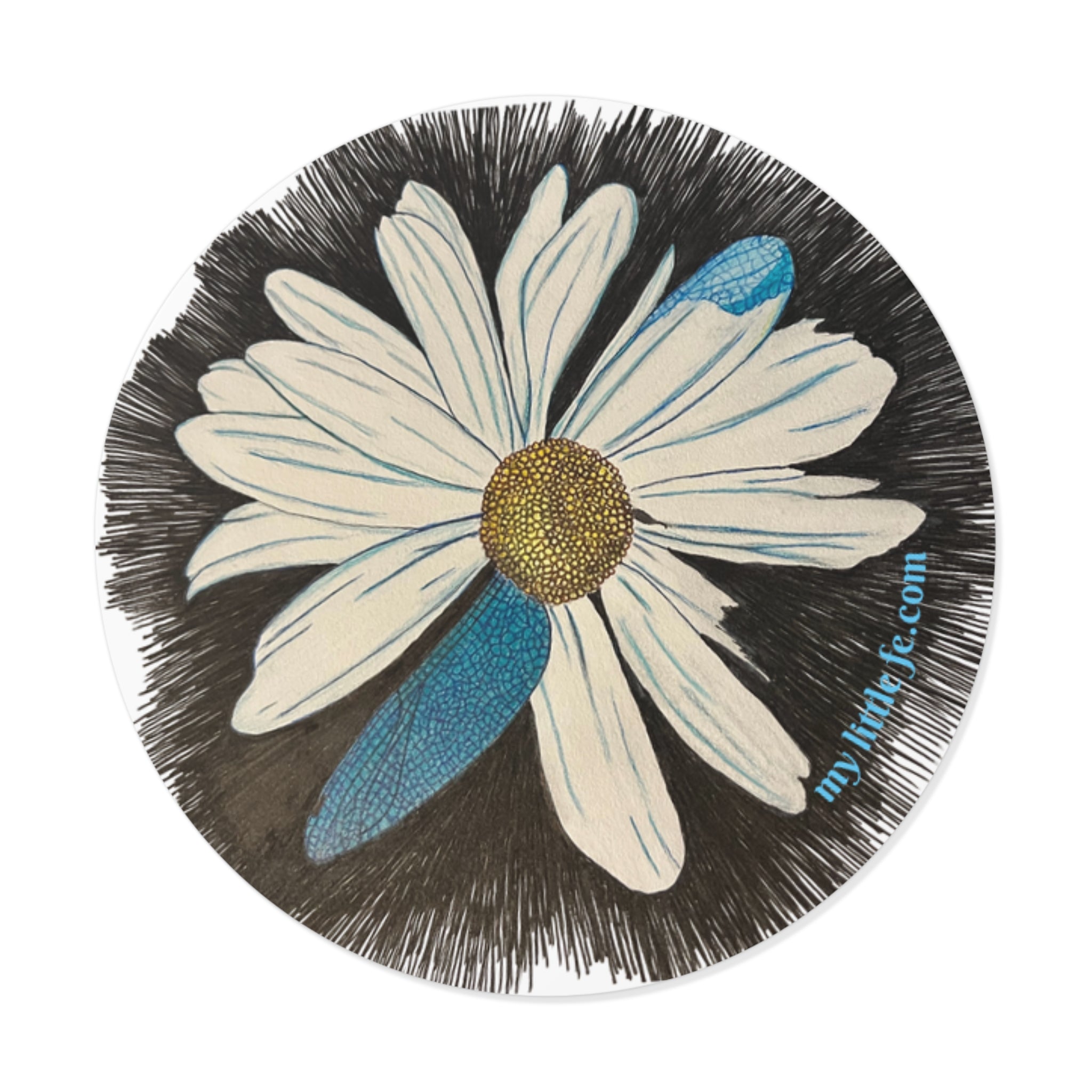 Round sticker with a daisy with dragonfly petals design on a black background