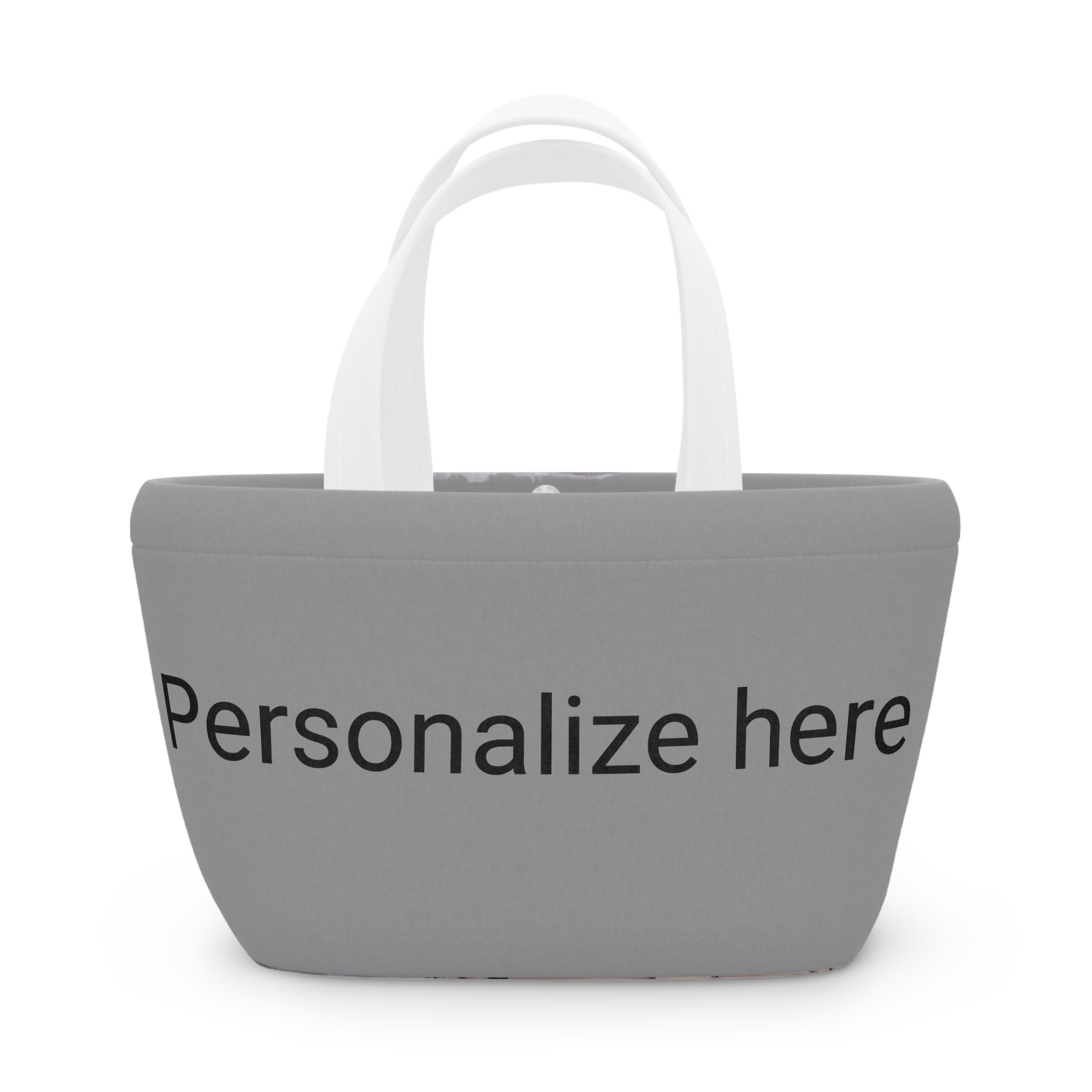 Gray tote bag with white handles on a white background