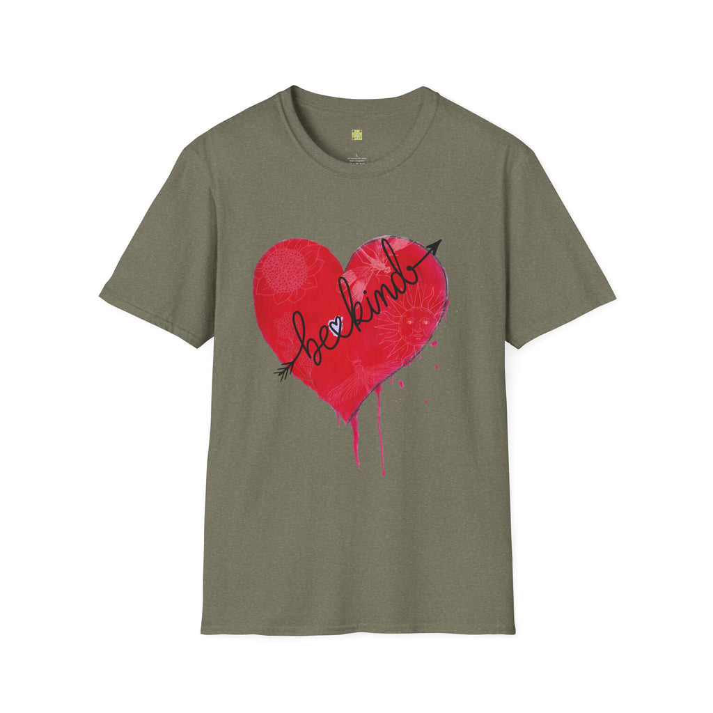 Green t-shirt with a red heart design and 'beckins' text on a white background