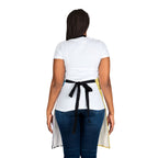 Person wearing a white apron with a black belt on a white background