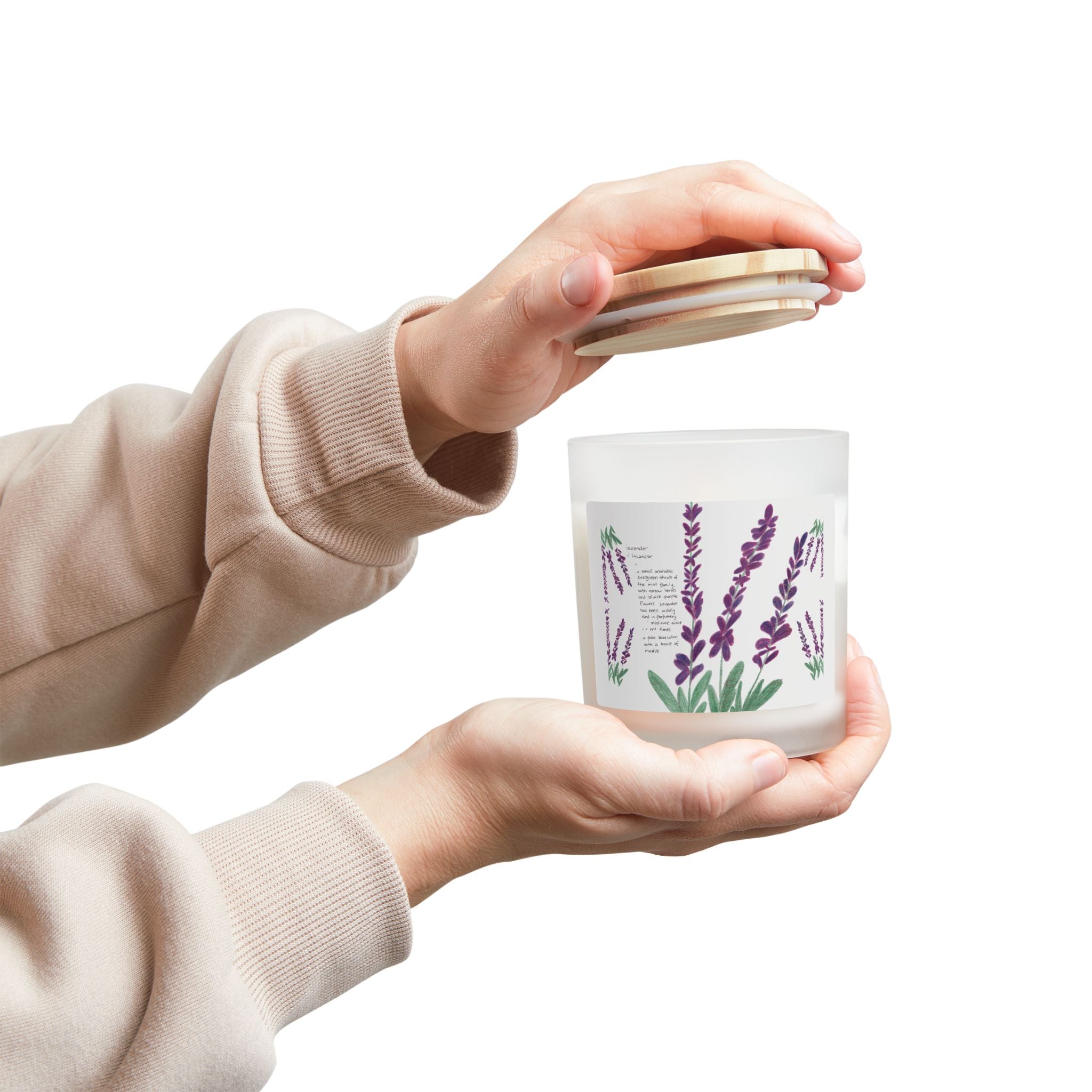 Candle, Lavender Plant Drawing — Frosted Glass | Wooden Wick