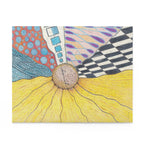 Colorful abstract art piece with geometric patterns on a white background