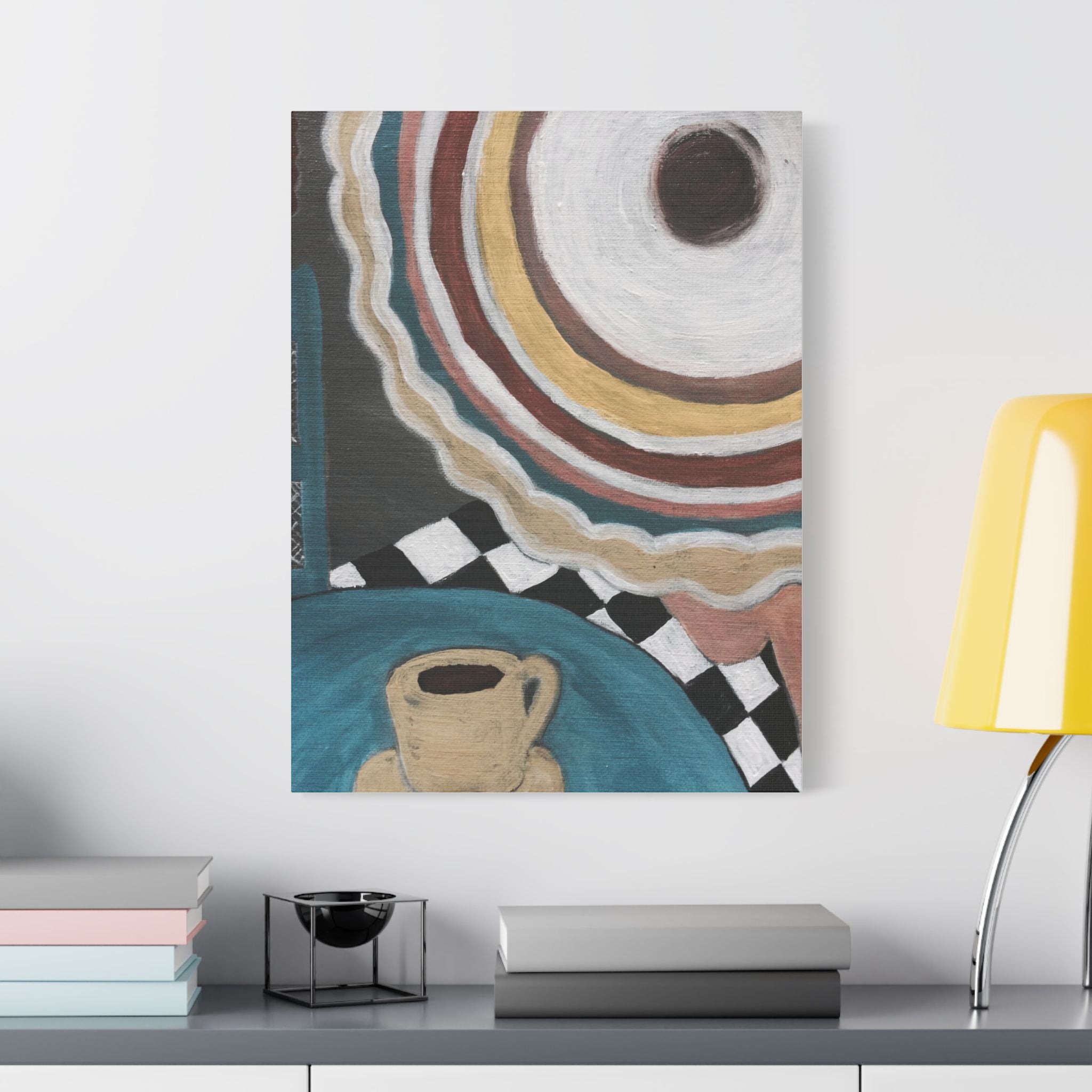 Woman at a cafe  painting of a coffee cup and saucer on a wall above a shelf with books and decor items.