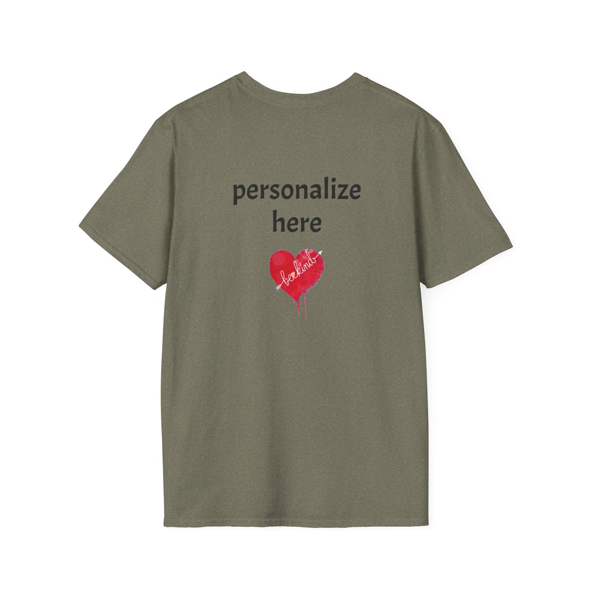 Green t-shirt with a red heart and text on the back against a white background