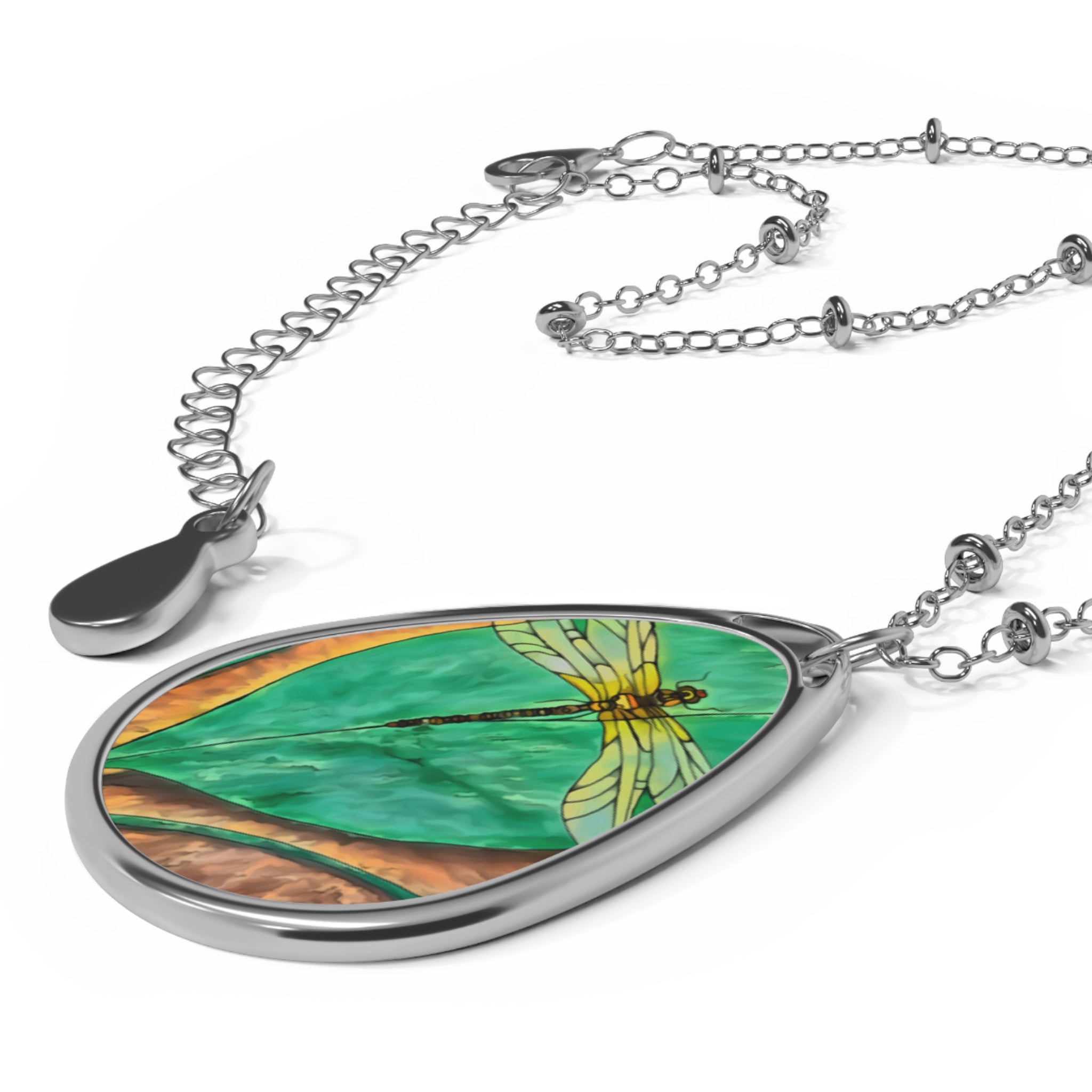 Jewelry, Oval Necklace - Dragonfly on a Leaf Pendant