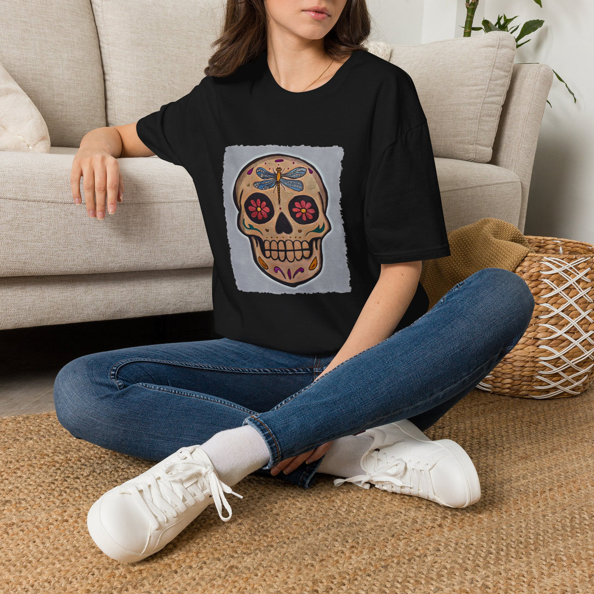 Shirt, Day of the Dead Sugar Skull - Dragonfly Floral Calavera Tee