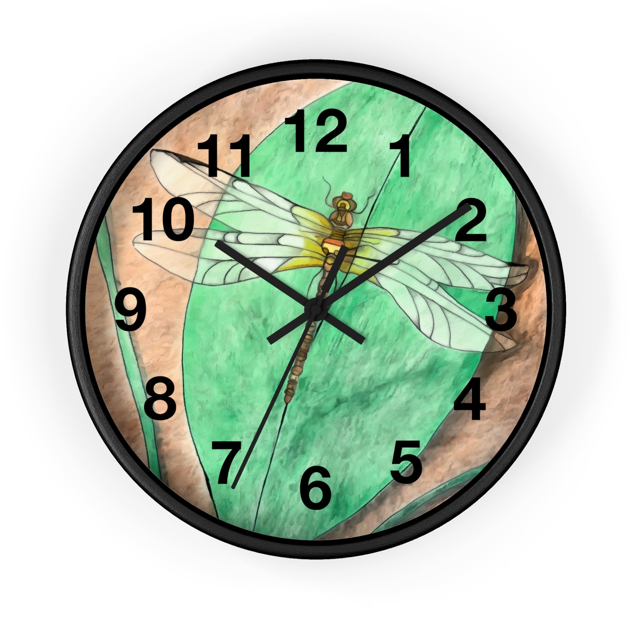 Wall clock with a dragonfly design on a green and brown background