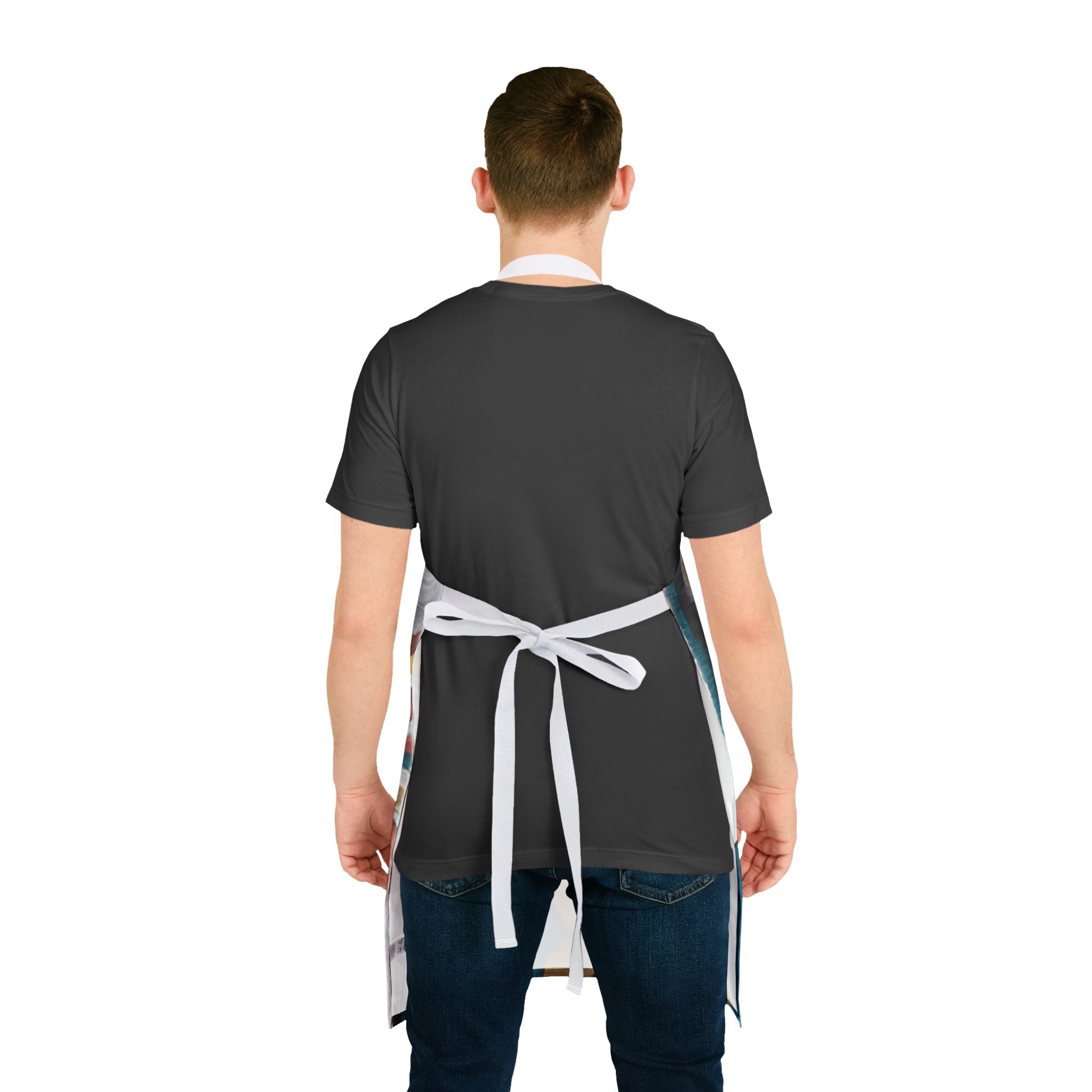 Person wearing a black apron with a white belt on a white background