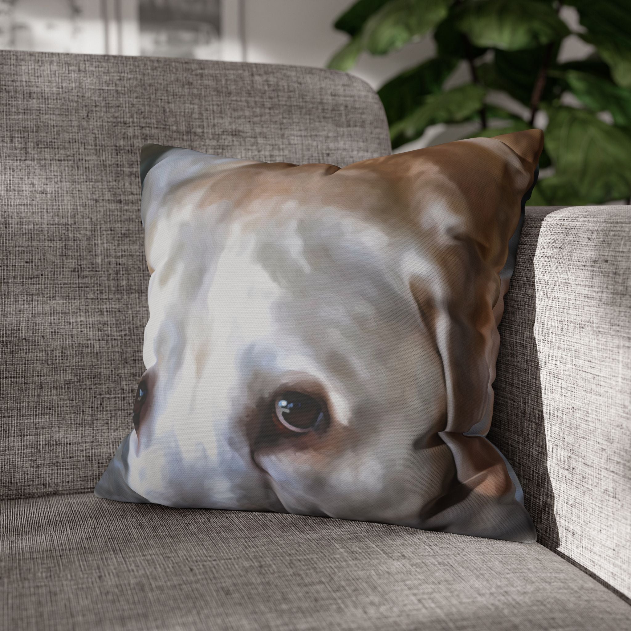 Pillow with a dog's face on a gray couch