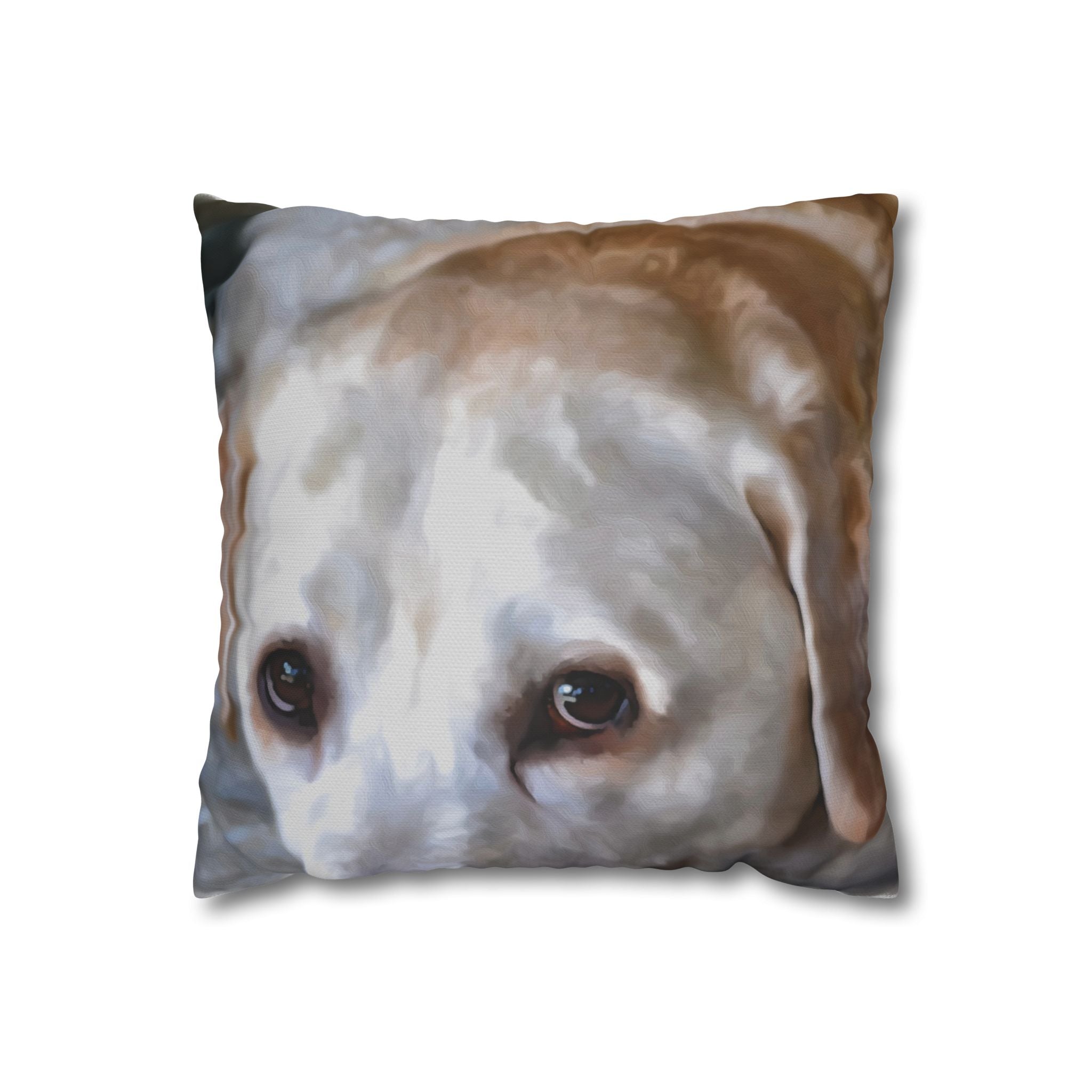 Pillow with a dog's face printed on it against a white background