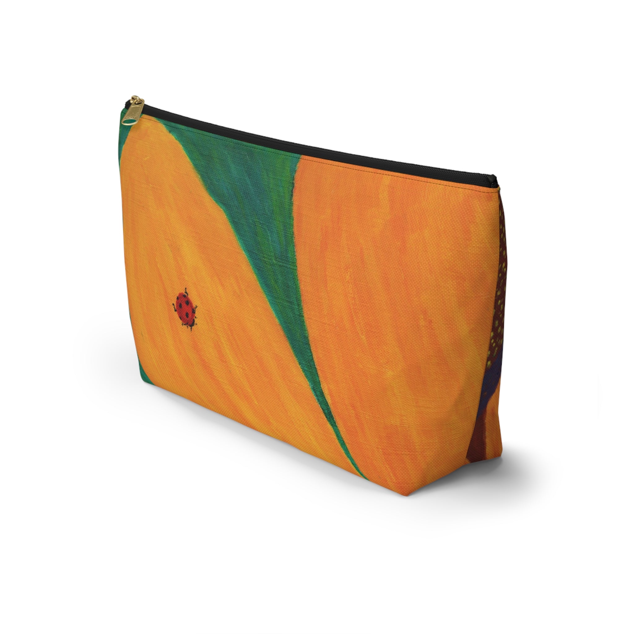 Orange pouch with green stripe and ladybug design on a white background