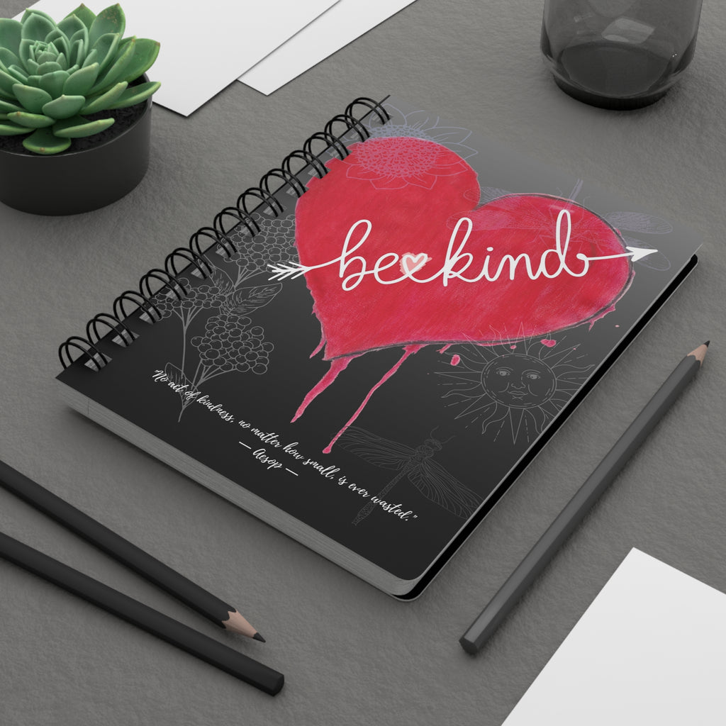 Spiral notebook with Red Heart Design with Be Kind Text and quote from Aesop