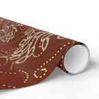 Roll of brown wrapping paper with gold and white patterns on a white background