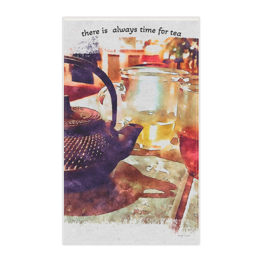 Tea towel with a teapot and glasses design and 'there is always time for tea' text.