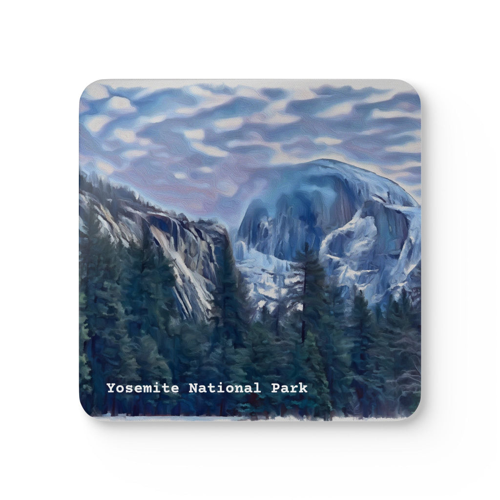Coaster with a scenic design of Yosemite National Park featuring mountains and trees.