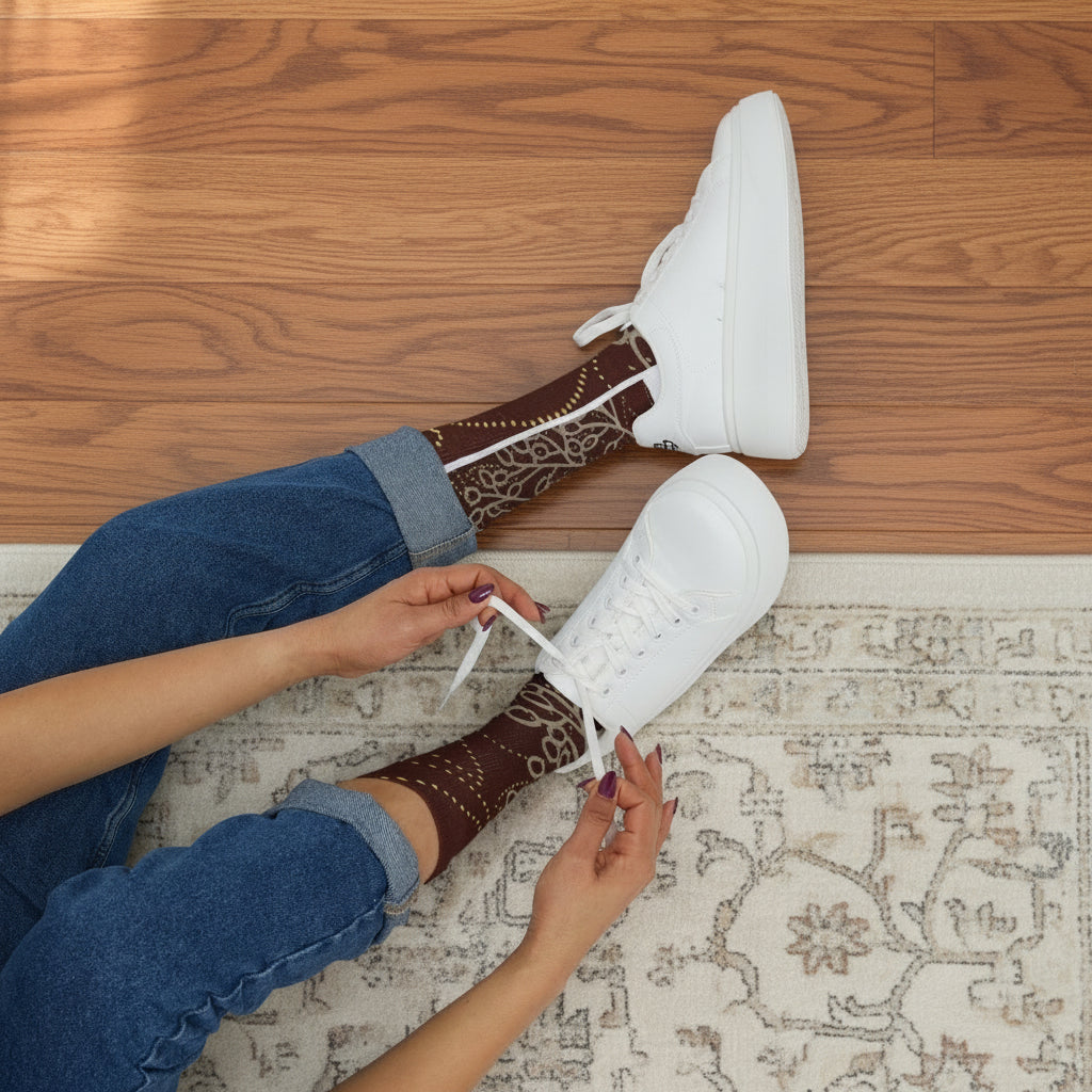 Person wearing white sneakers and patterned socks on the floor with a light area rug