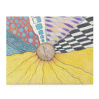 Colorful abstract design with geometric patterns on a white background