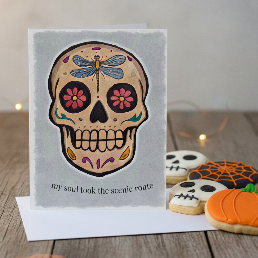 A stylized sugar skull illustration with a blue dragonfly on top, pink flowers in the eye sockets, teal and purple decorative accents, and the text 'my soul took the scenic route' below, set on a textured gray background.