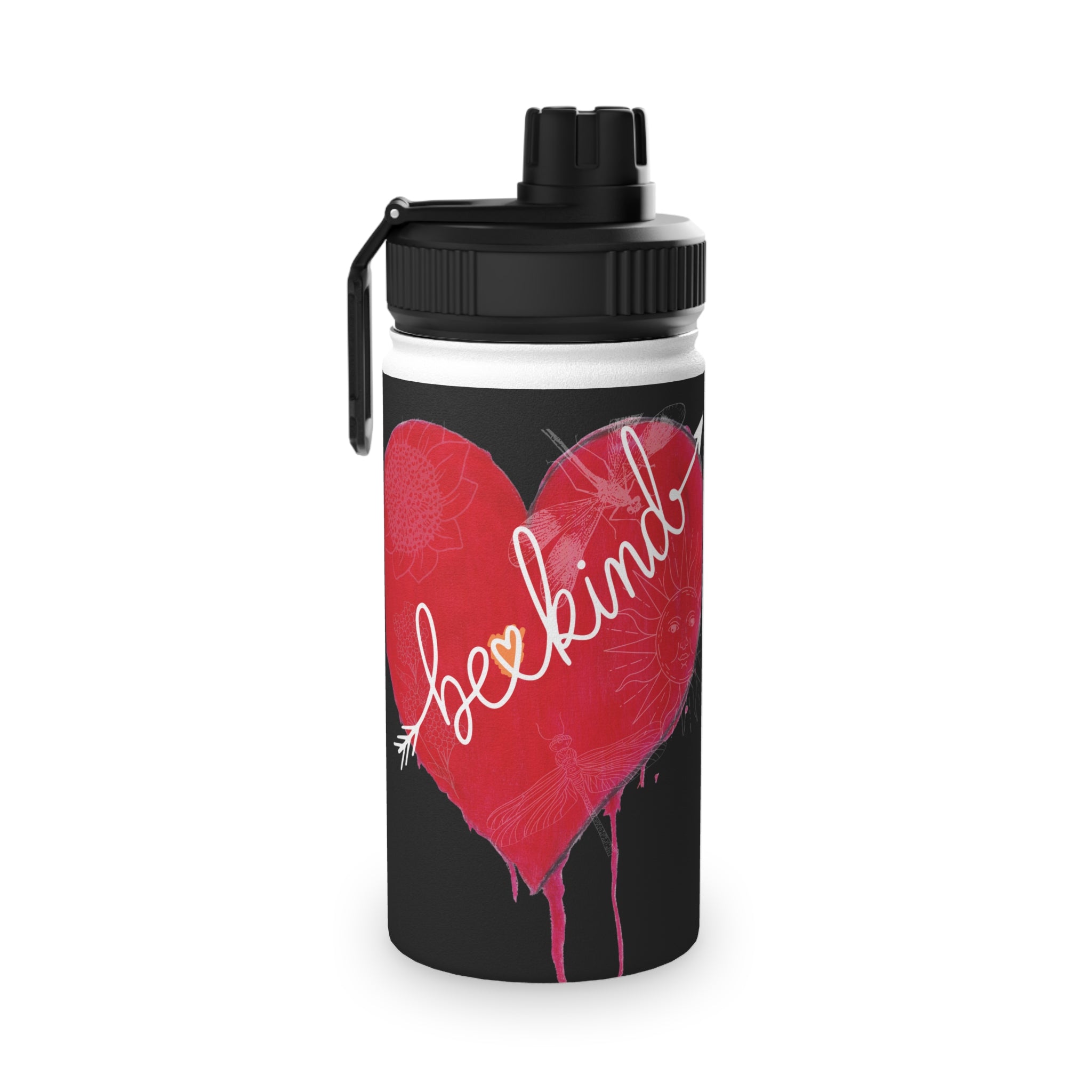 Water bottle with red heart and 'be kind' text on a black background