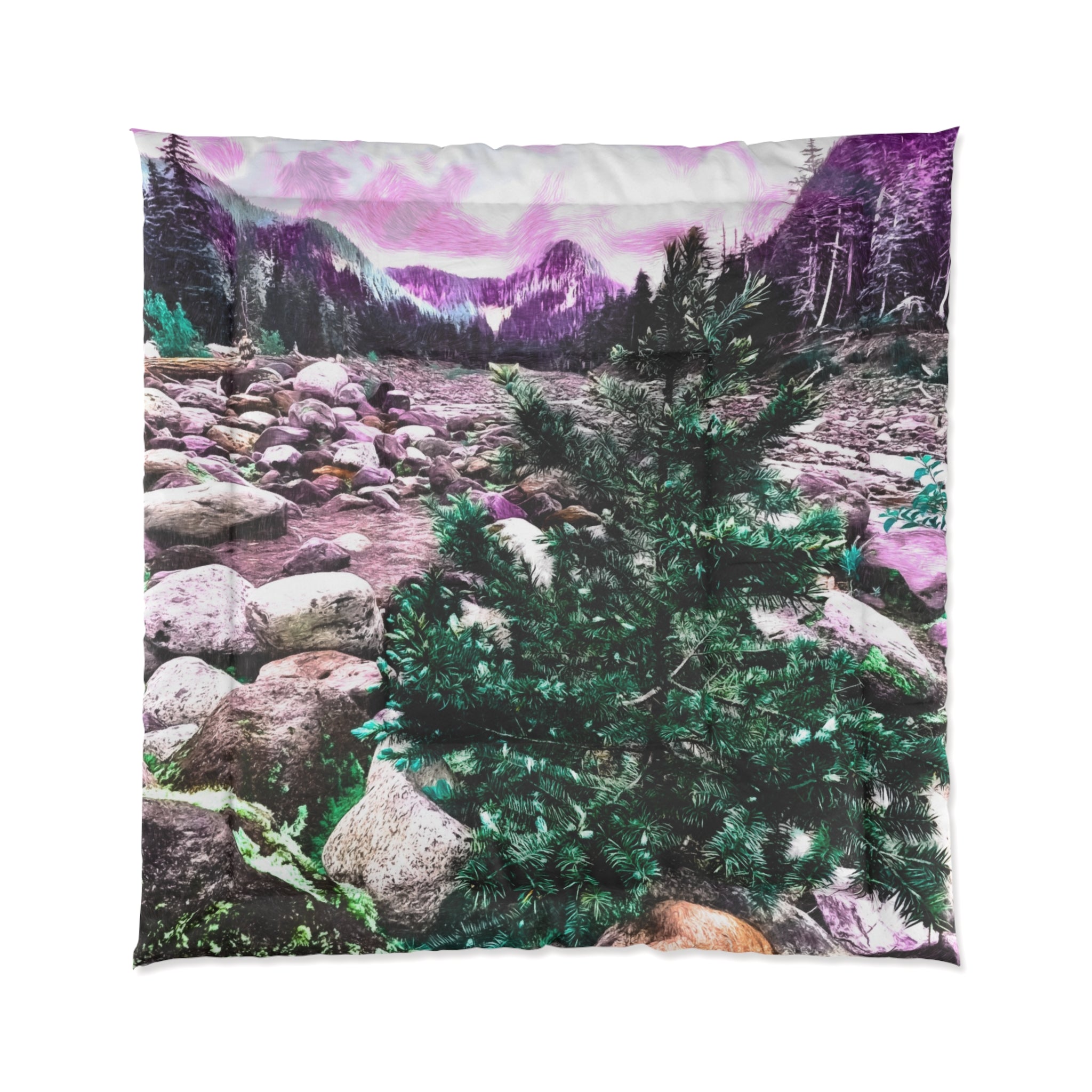 Fleece blanket with a mountain and forest design on a white background