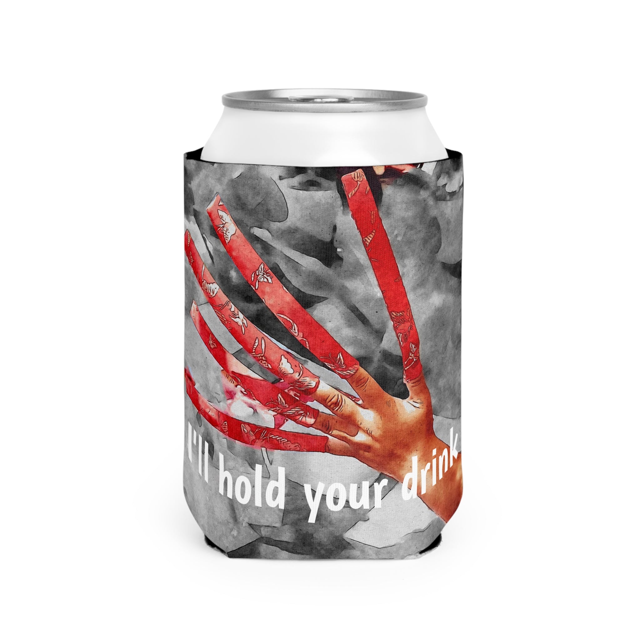Can cooler with artistic design of hands holding a drink and text 'I'll hold your drink' on a white background