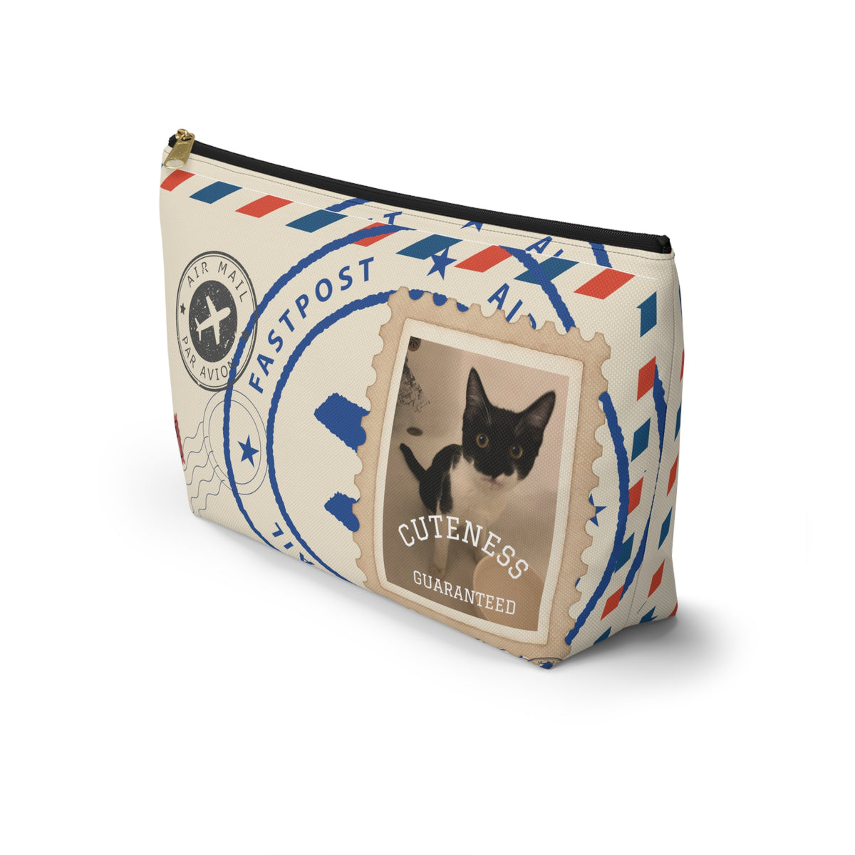 Cat Stamp Airmail Accessory Pouch — Cute Postage Cosmetic Bag