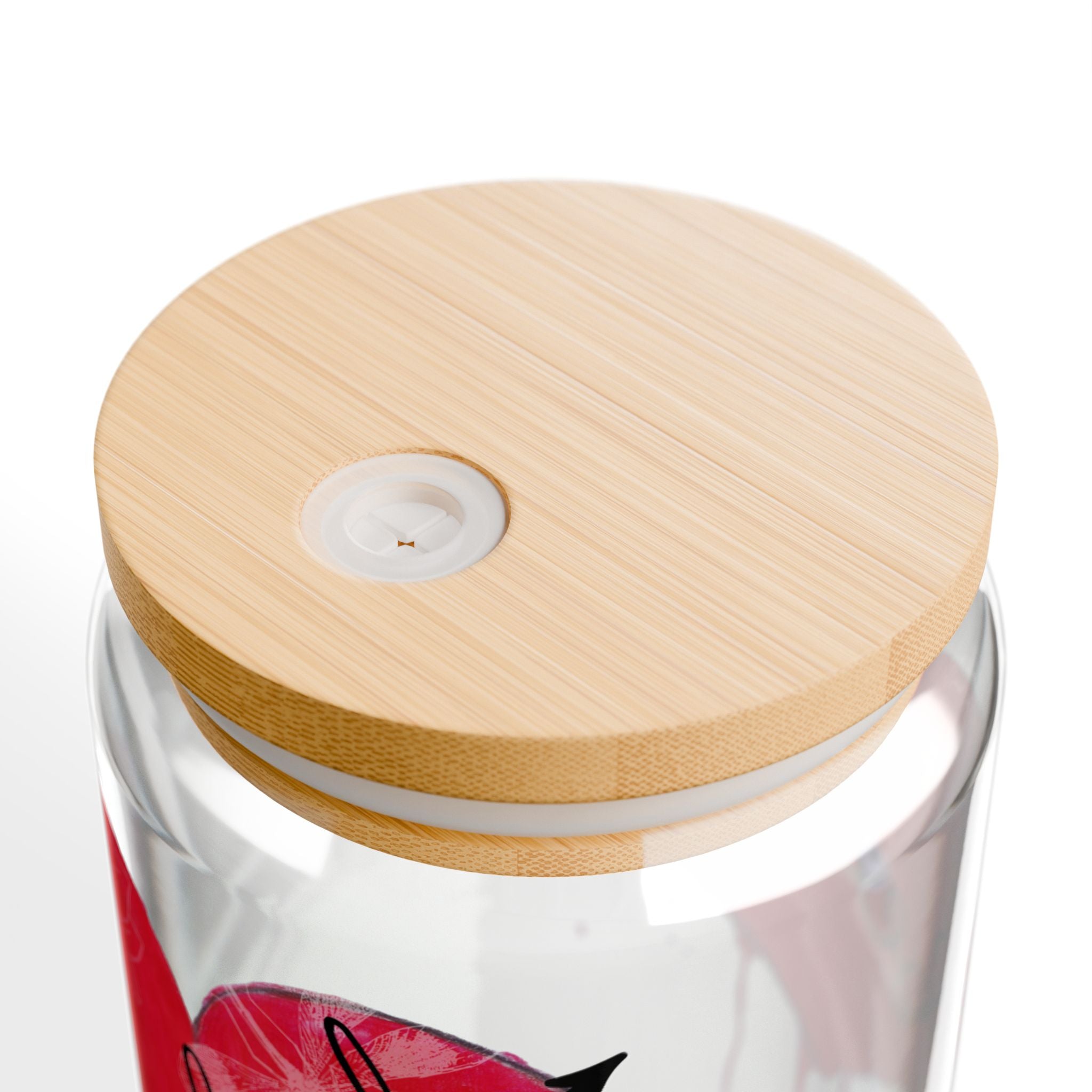 Glass jar with a wooden lid on a white background