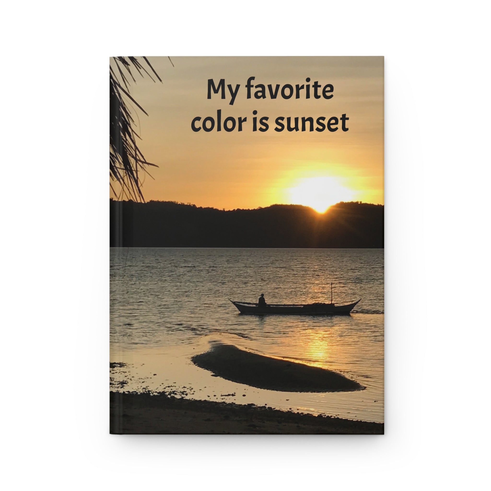 Book cover with sunset over water and 'My favorite color is sunset' text