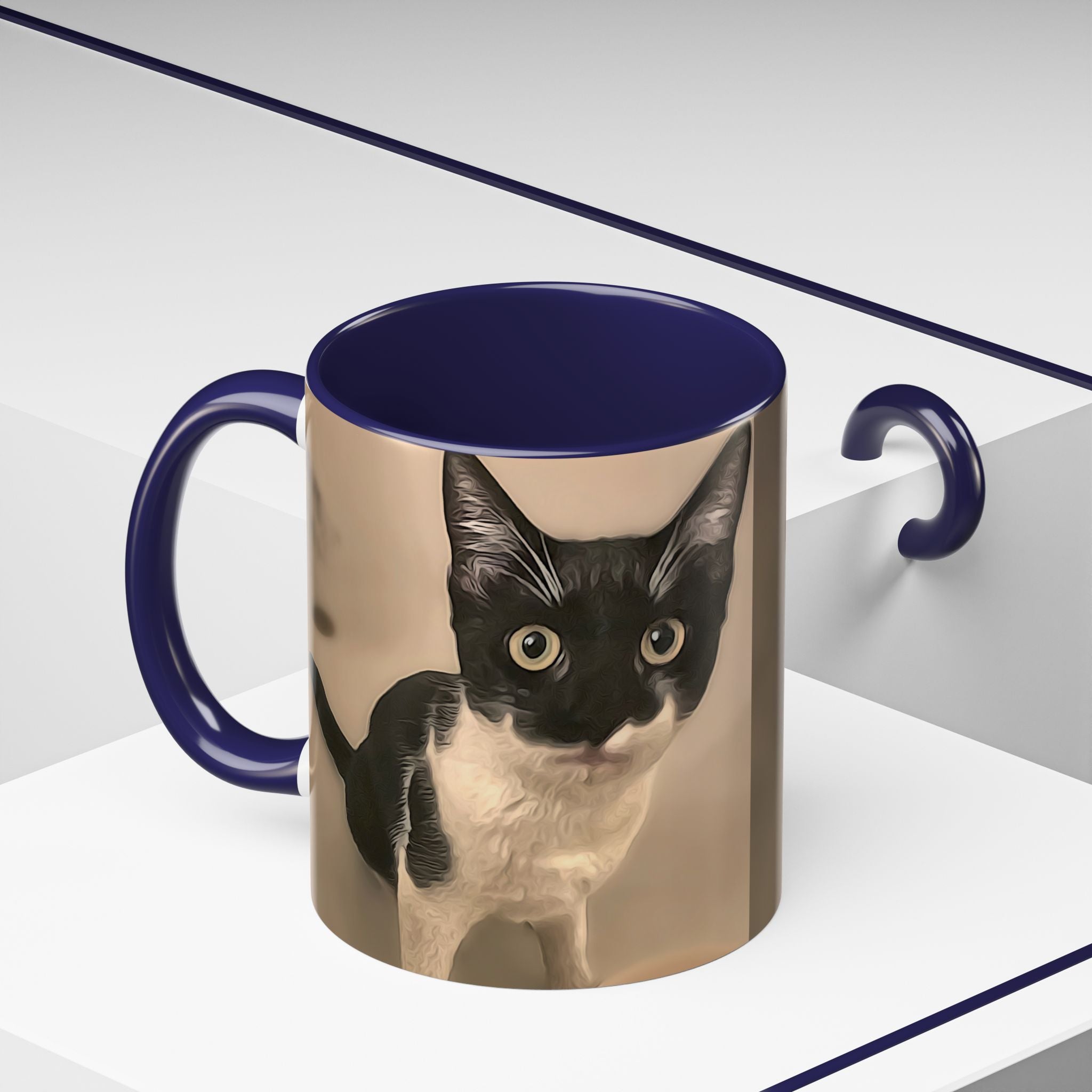 Mug with a black and white cat design on a white background