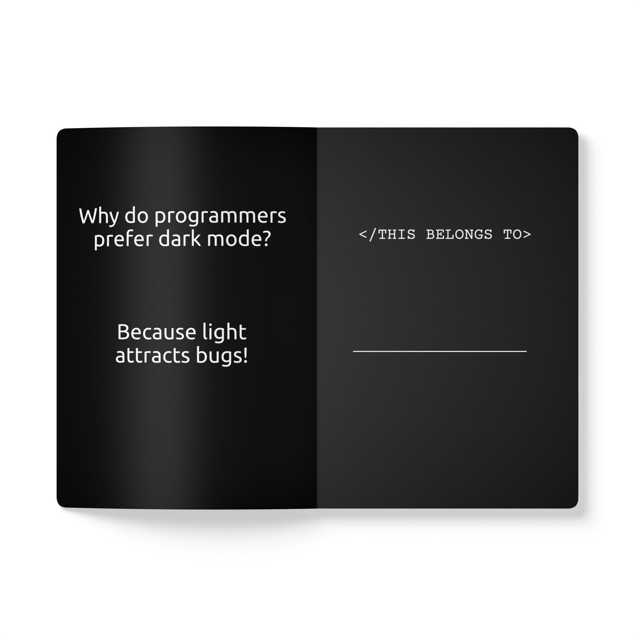 Open book with text on dark mode preference and a humorous response.