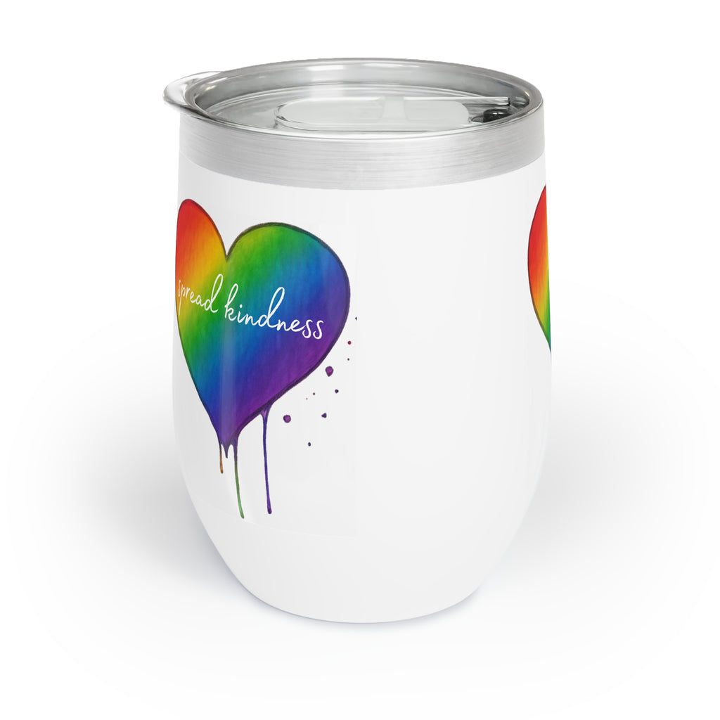 White tumbler with a rainbow heart design and 'spread kindness' text on a white background