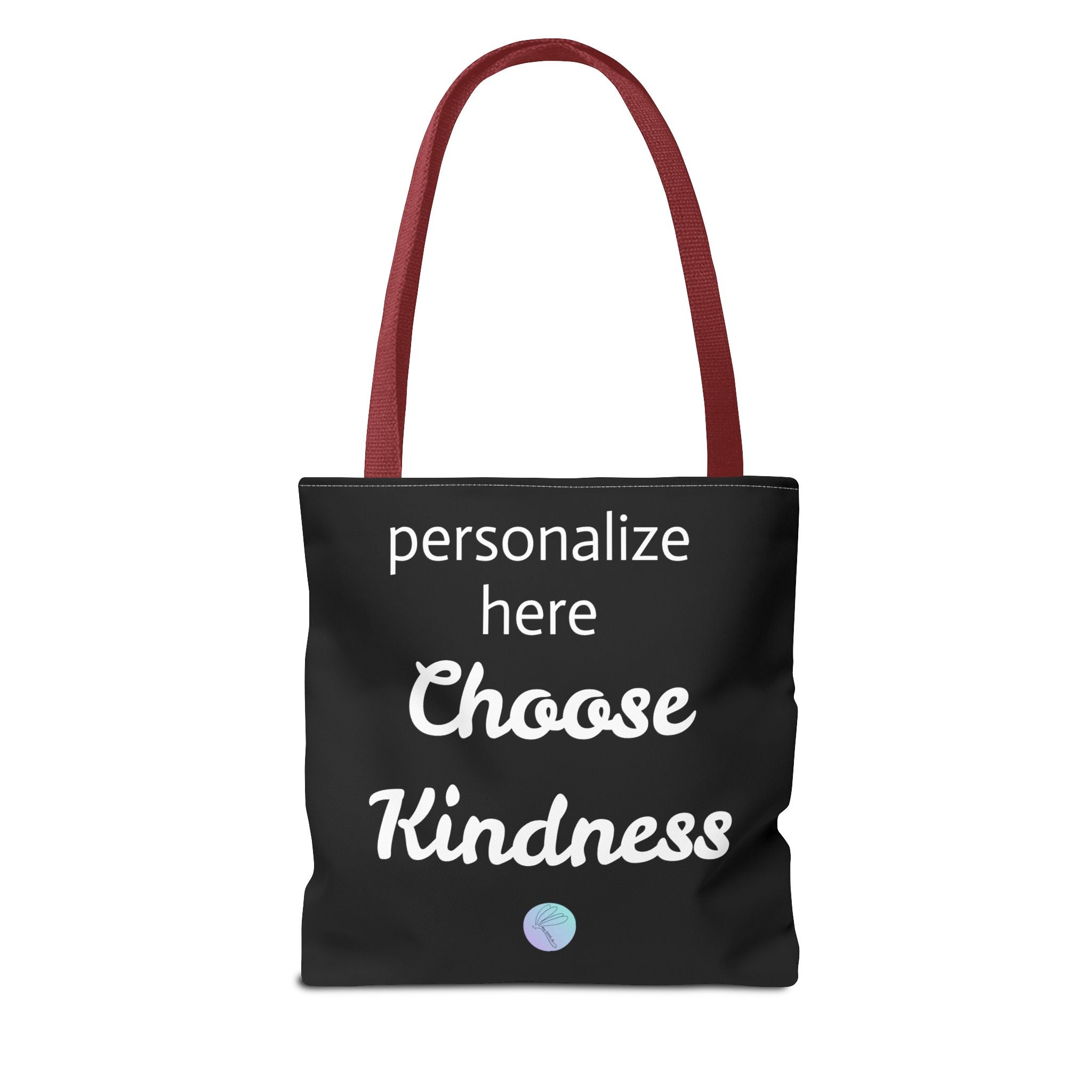 Black tote bag with 'Choose Kindness' text and customizable area on a white background