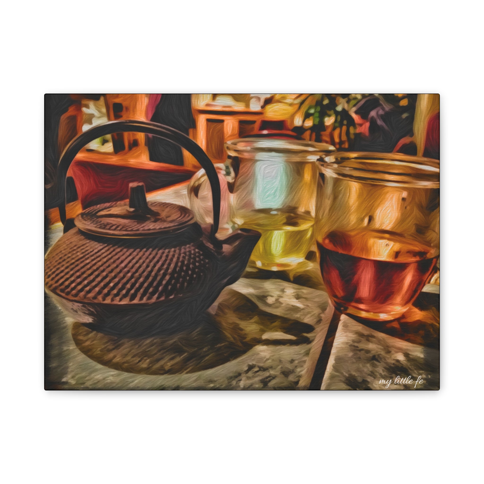 Tea set with a teapot and two glasses on a wooden table, with a blurred restaurant background.