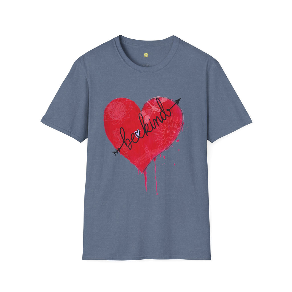 Blue t-shirt with a red heart graphic and 'be kind' text on a white background