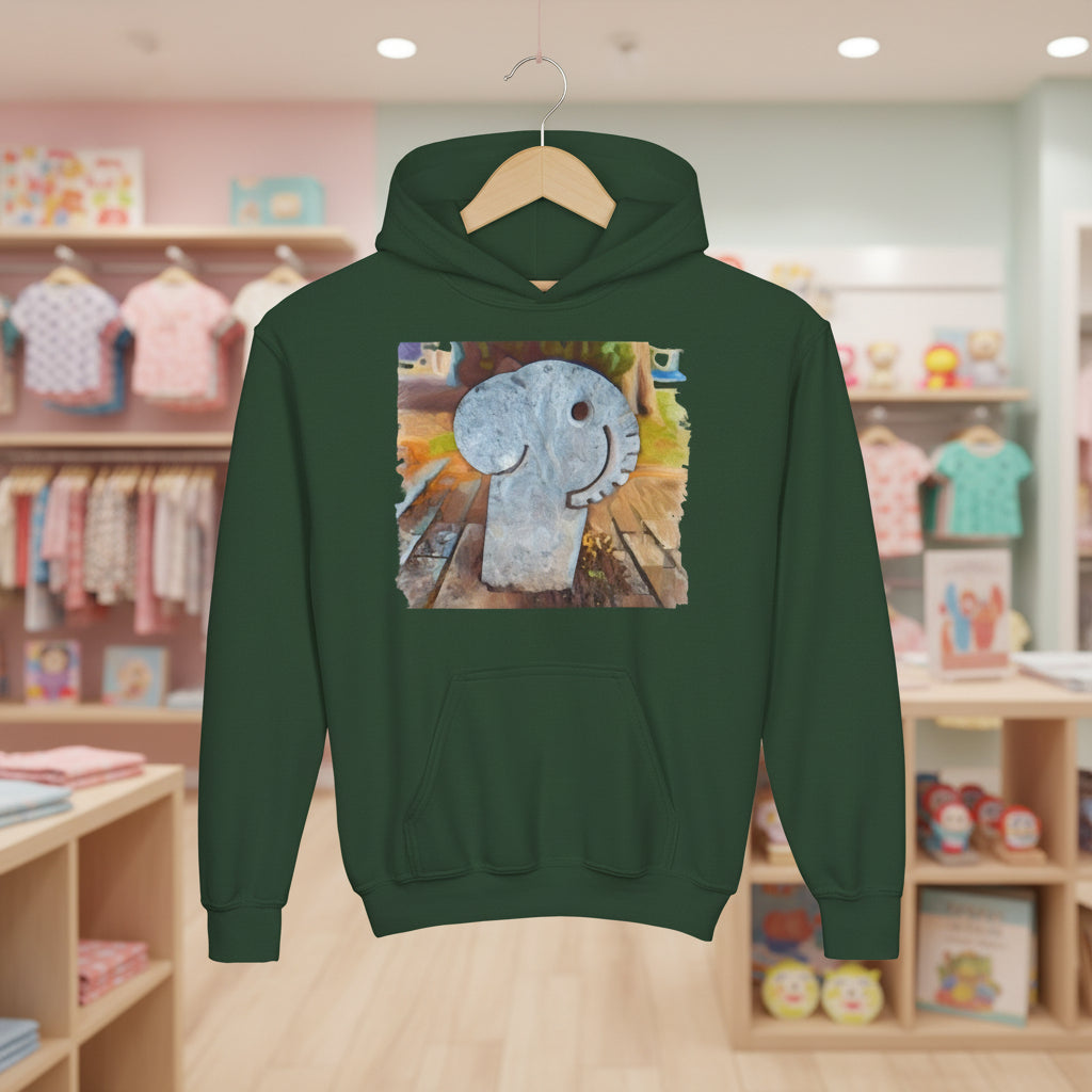 Hanging Green hoodie with a unique park elephant design on the chest against a kids apparel store background