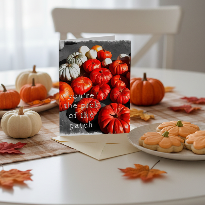A collection of pumpkins and gourds in red, orange, and white, arranged together on a dark surface with the text 'you're the pick of the patch' overlaid in white script.