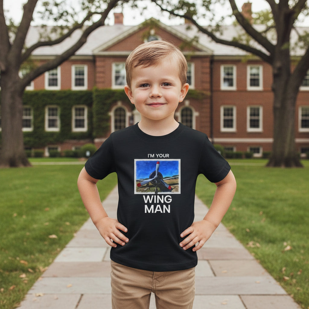 Kid wearing a black t-shirt with airplane propeller design and text with a brick building background