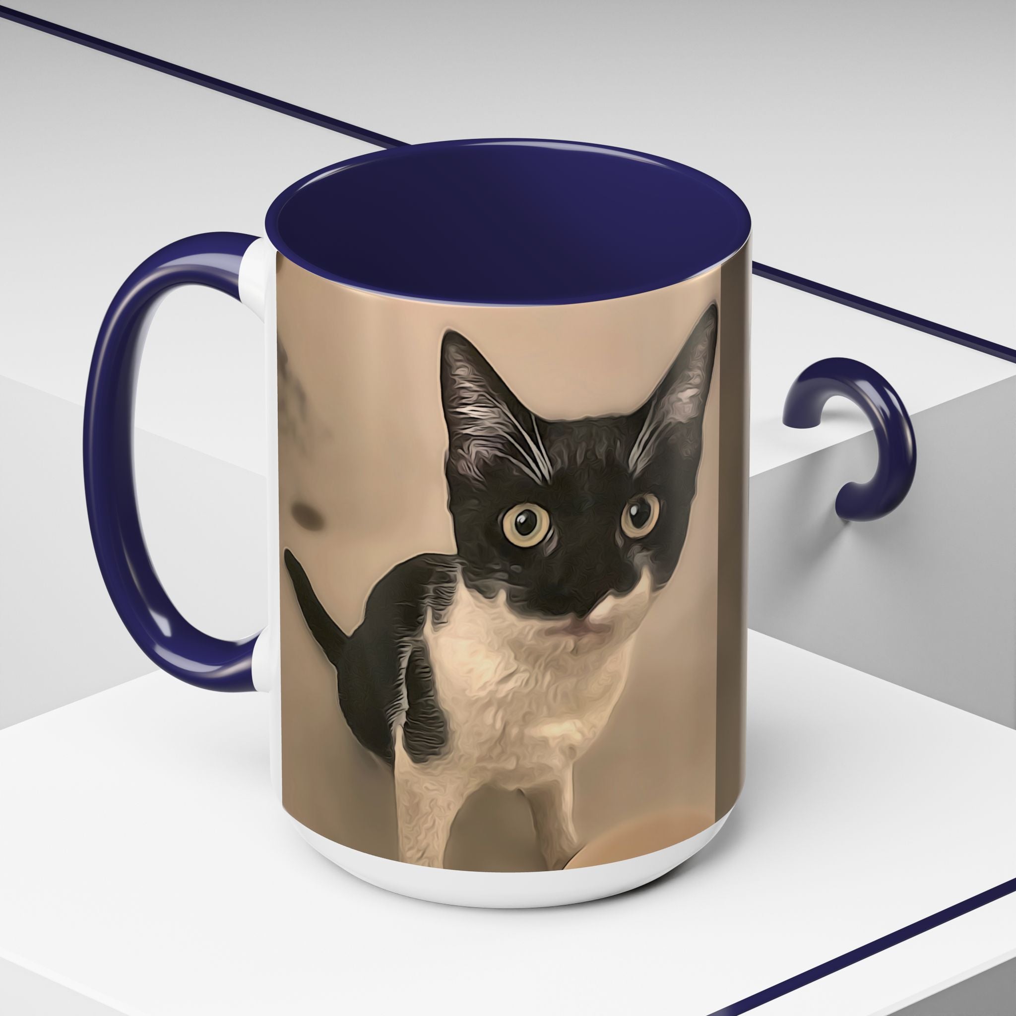 Mug with a black and white cat design on a white background