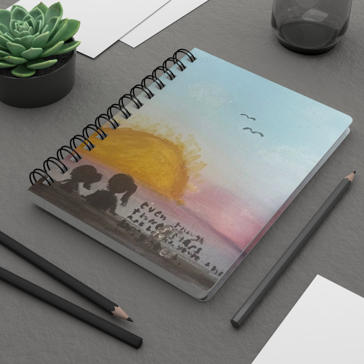 Spiral Notebook — Sunset Friends Illustrated Journal with ‘Even Though…’ Quote