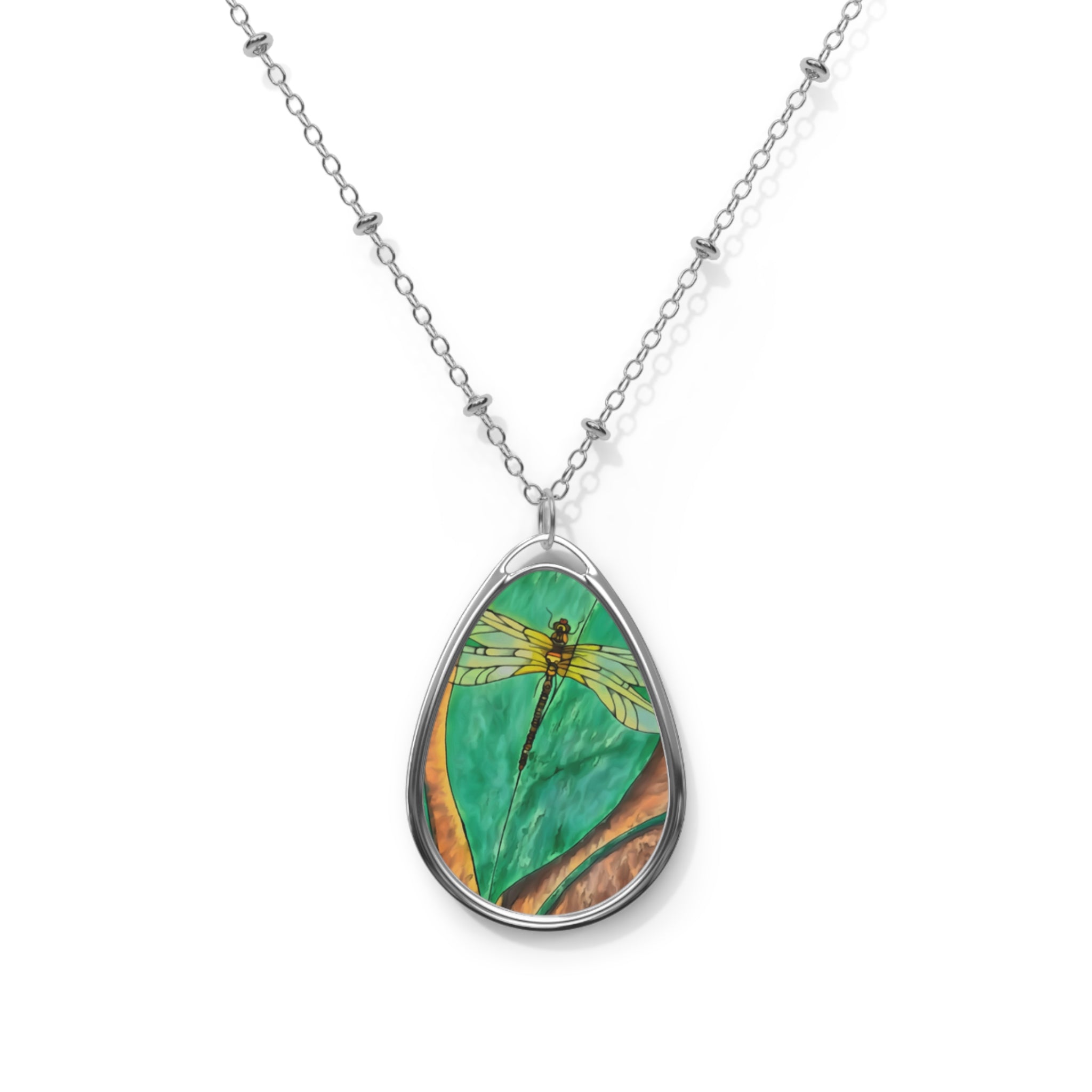 Jewelry, Oval Necklace - Dragonfly on a Leaf Pendant