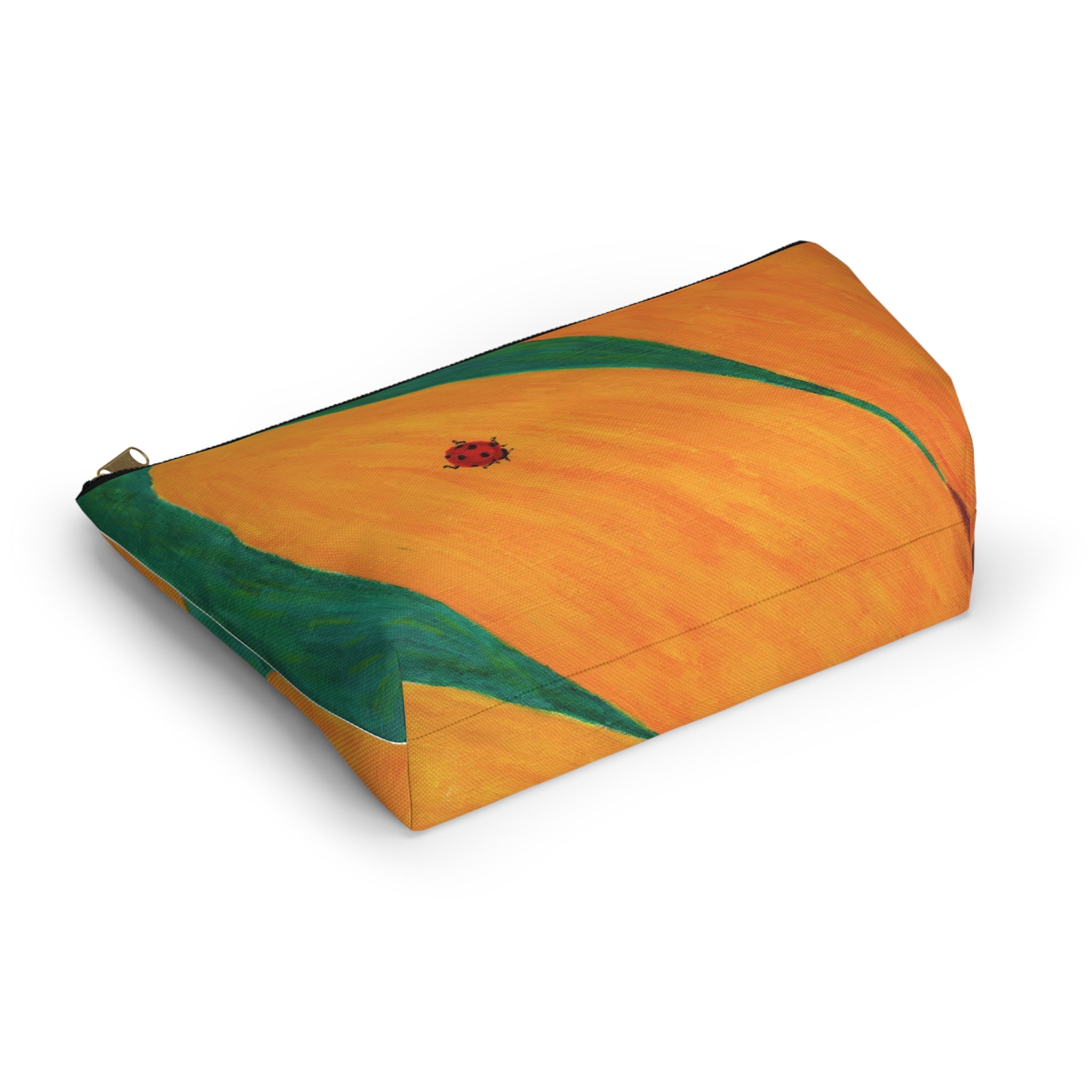 Pouch with orange and green design on a white background