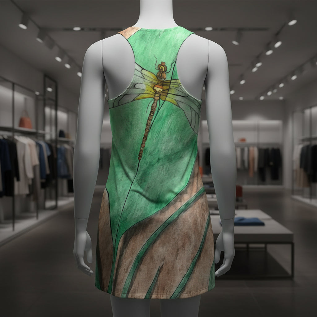 Dress with a dragonfly design on a mannequin's back in a clothing store