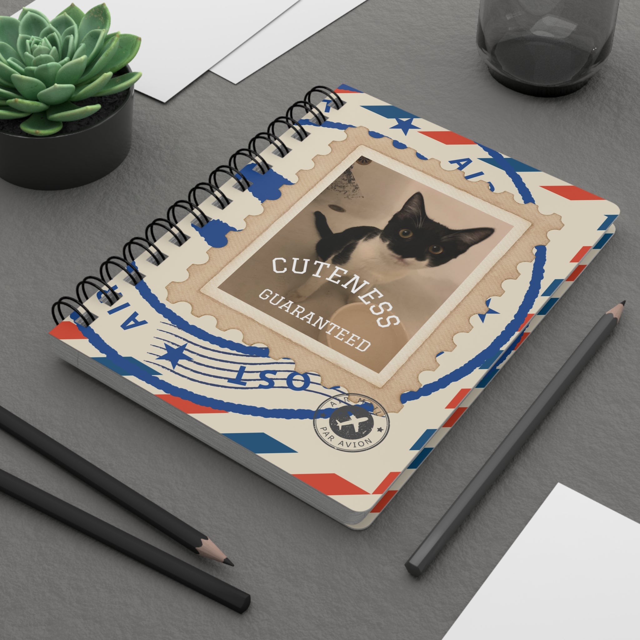 Notebook, Cuteness Guaranteed Cat Vintage Stamp - Spiral