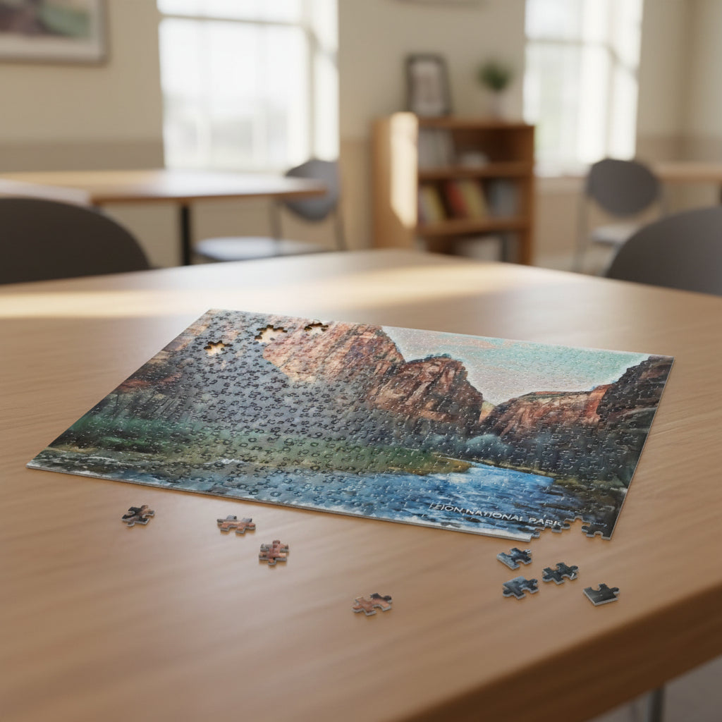 Jigsaw puzzle with a scenic landscape of mountains and water, missing pieces on a table.