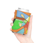 Colorful can cooler with 'personalize here' text held by a hand on a white background